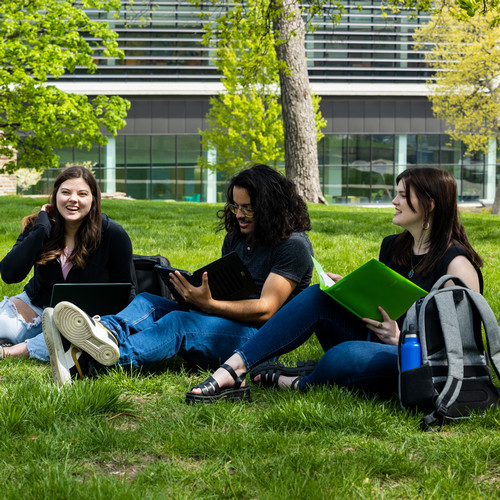 Four first gen roo students sit in grass with laptops open 