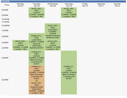Screenshot of a Pathway schedule which shows a time conflict for the scheduled SI session.