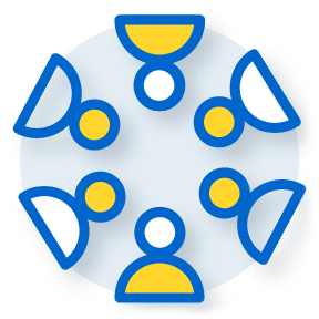 illustration of figures shown from the shoulders up arranged in a circle. They are colored in variations of blue, white and gold