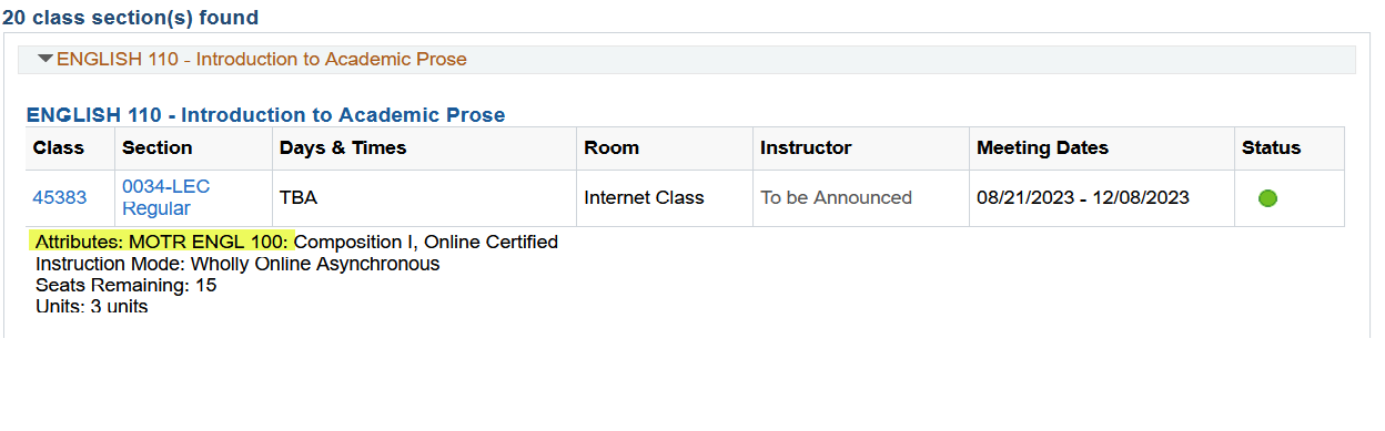 a screenshot from Pathway's Schedule of Classes showing an English class with an MOTR general education attribute