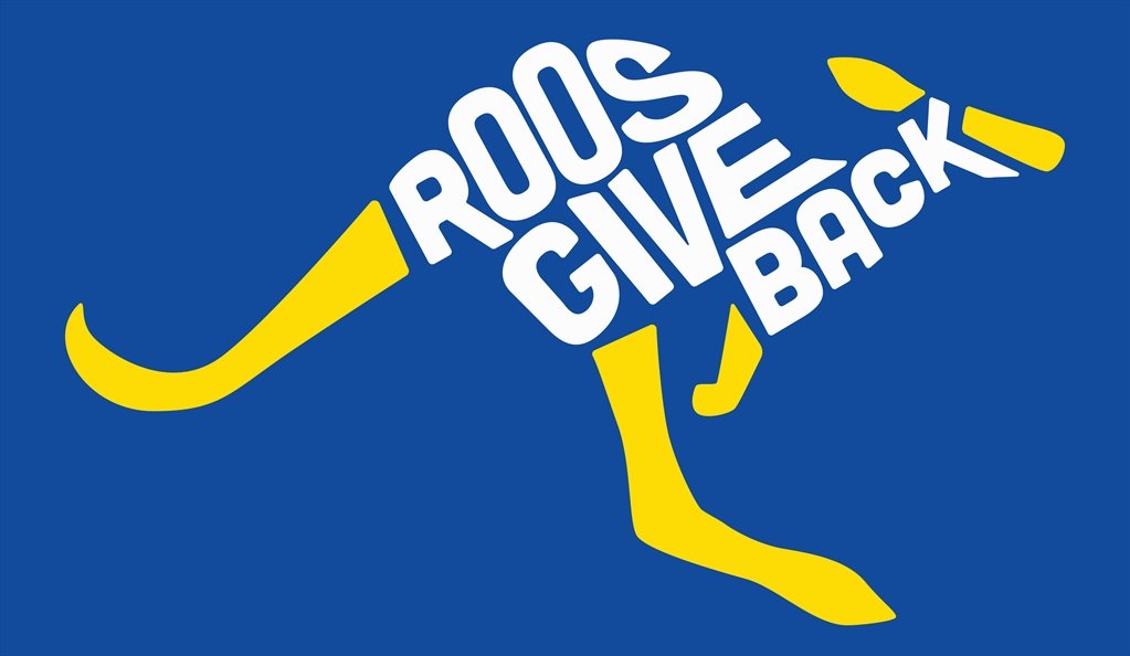 Roos Give Back Logo. Kangaroo with Roos Give Back in middle of design.