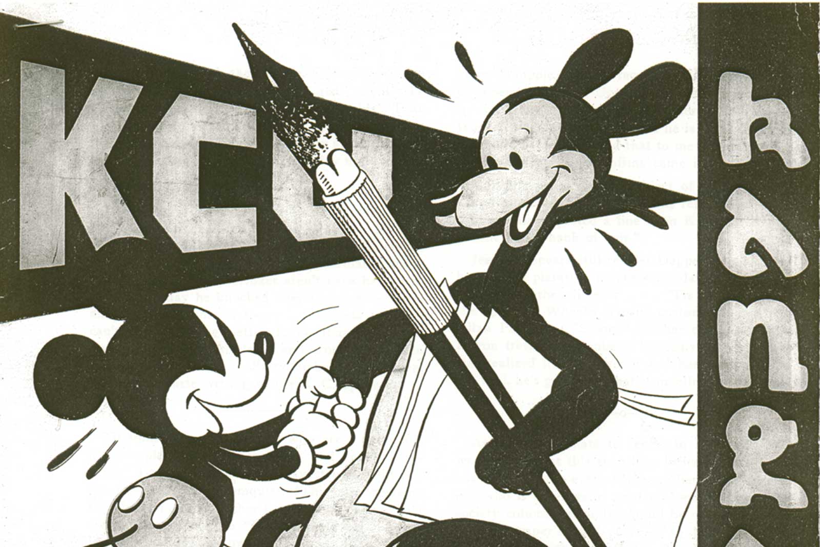 black and white drawing of Mickey Mouse shaking hands with original Kasey Roo