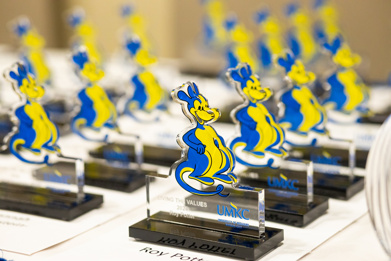Lines of Roo trophies on a table. 