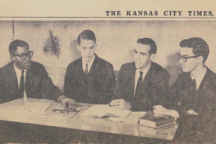 Image from the Kansas City Times. Left to right: Elbert L. Hayes, science; Alvin Easter, history; Phil Marcus, literature, and Bill Williams, fine arts. 