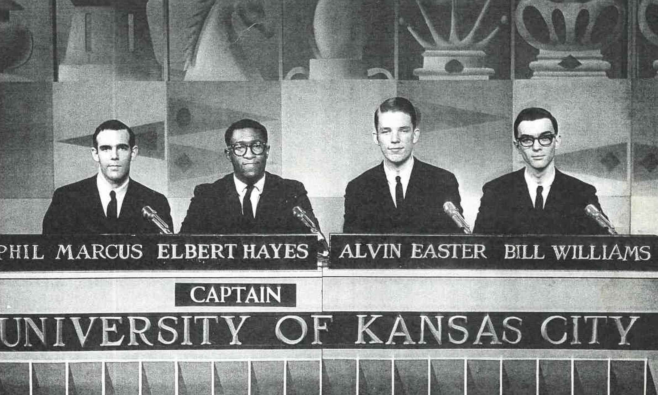 black and white photo of the trivia team of Elbert Hayes, captain, Phil Marcus, Bill Williams, Alvin Easter