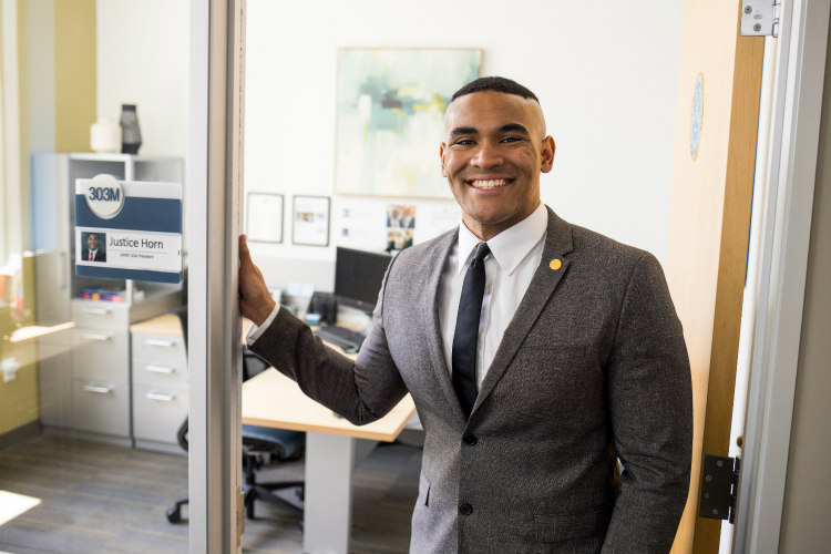 UMKC Student President Justice Horn outside his office.