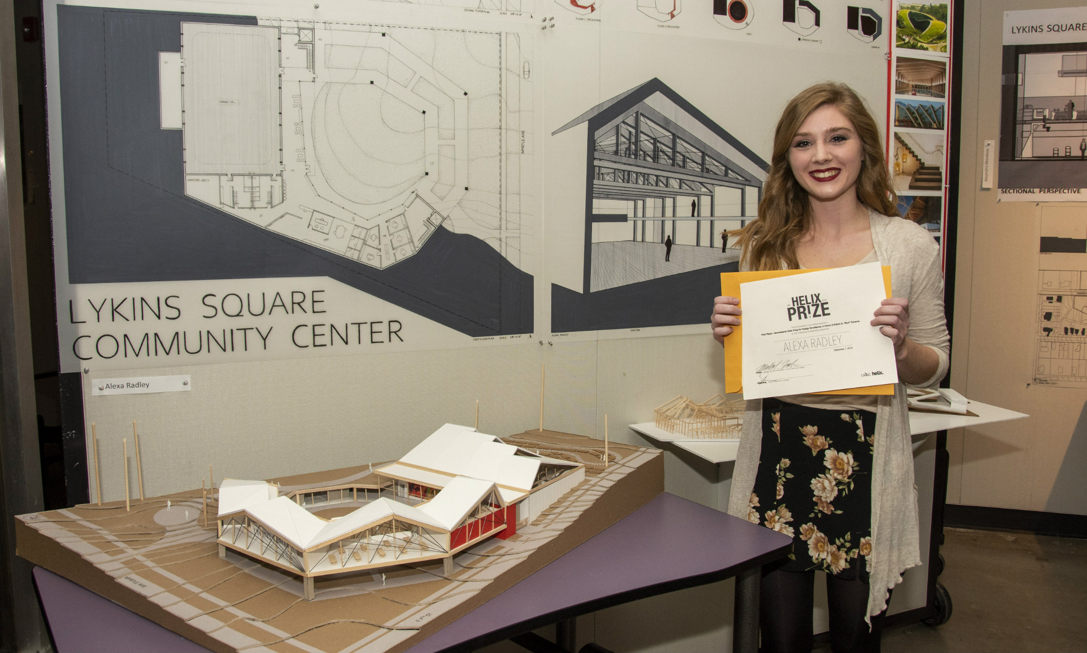 Student Alexa Radley with her prize and model