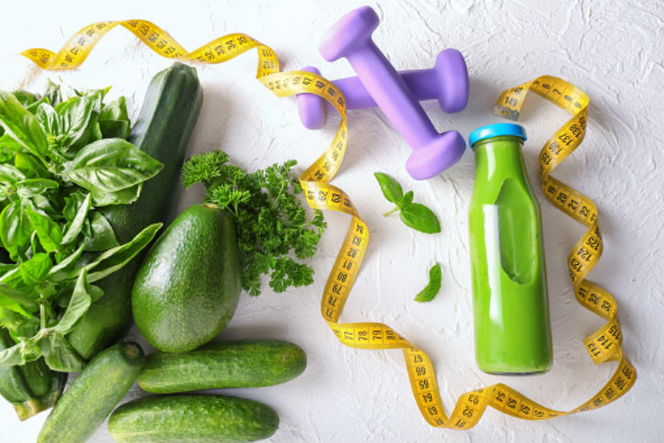 photo of vegetables and free weights