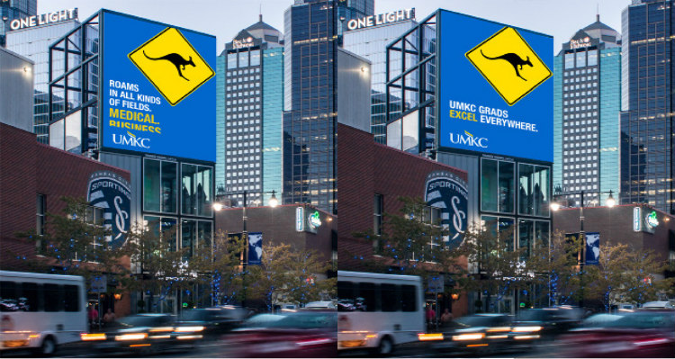 UMKC gold-and-blue digital ads in Power and Light District