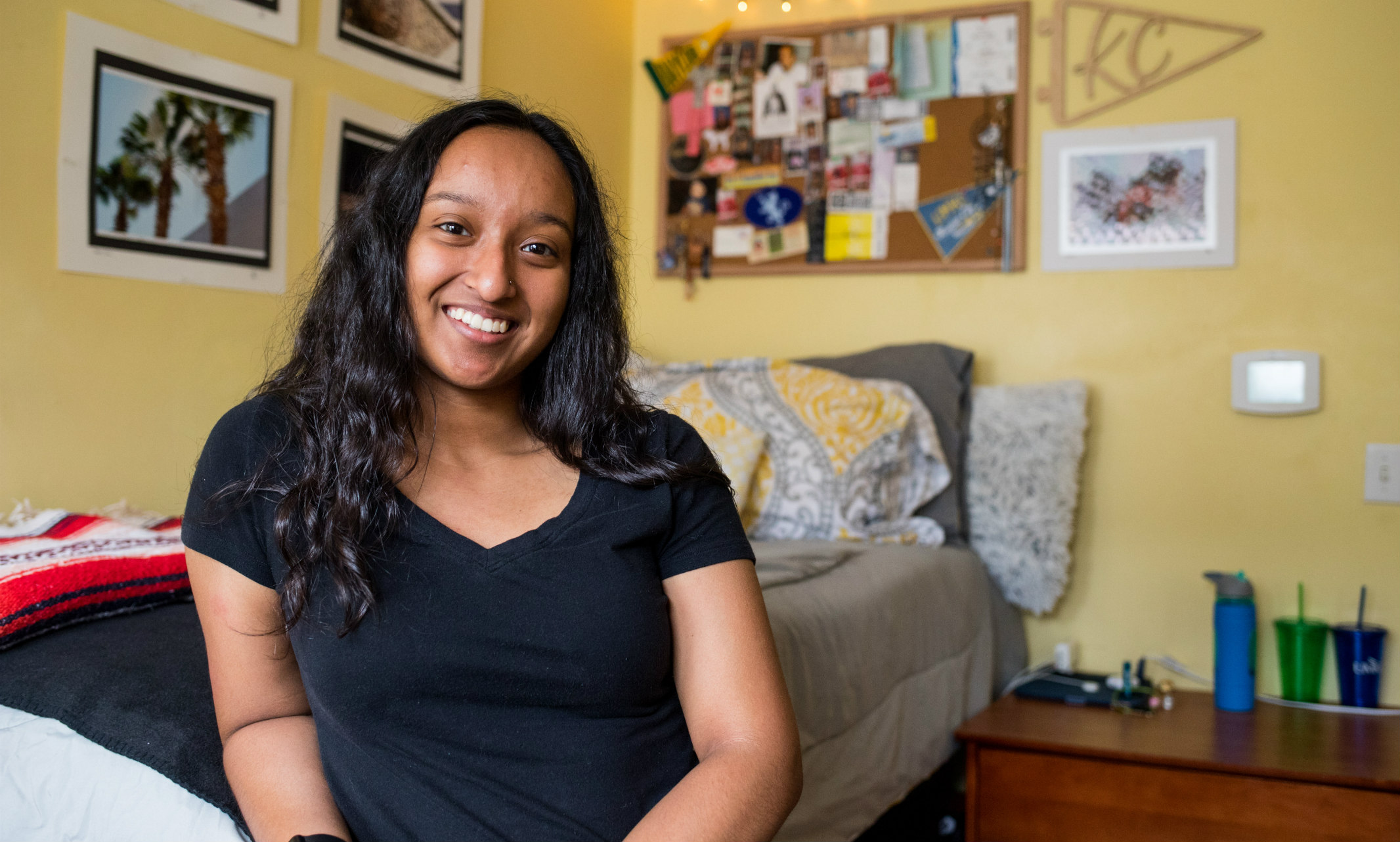 Jennifer Rangel, '22, in her UMKC dorm room.