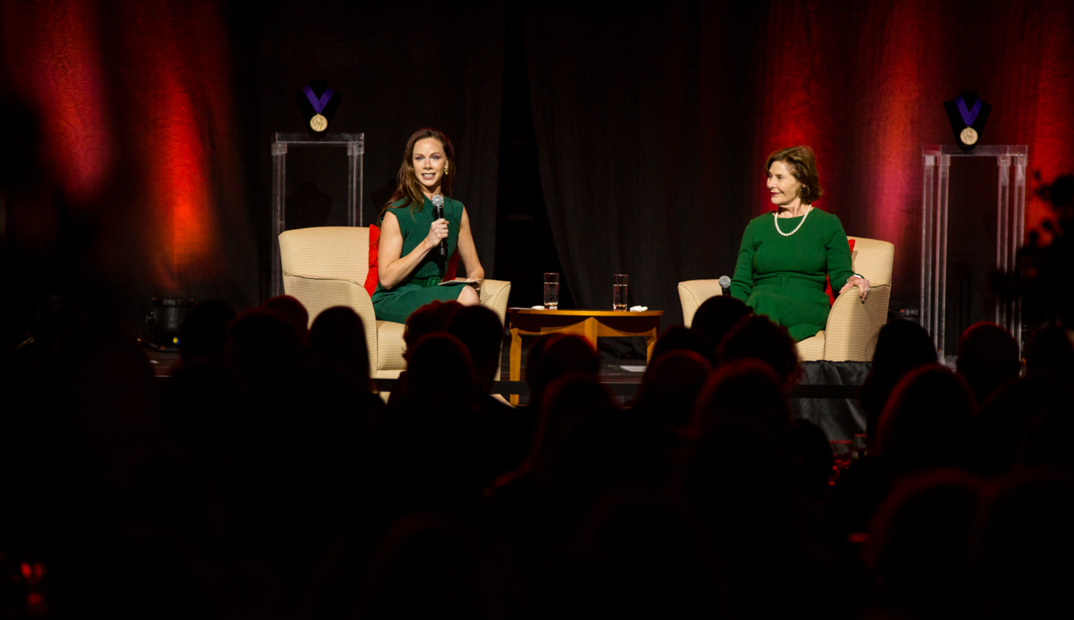 Former First Lady Laura Bush, right, and her daughter, Barbara Pierce Bush, discuss their White House years and beyond