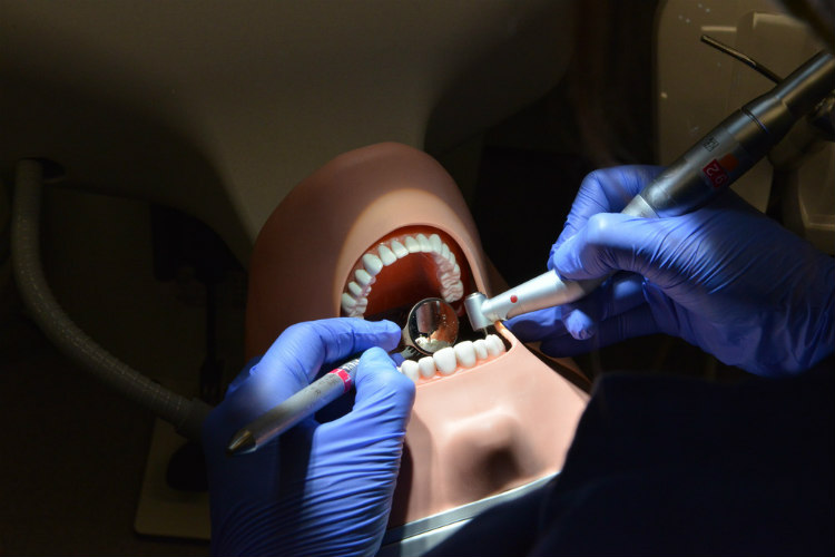 A closeup of one of the mannequins and dental equipment in the new lab at the UMKC School of Dentistry