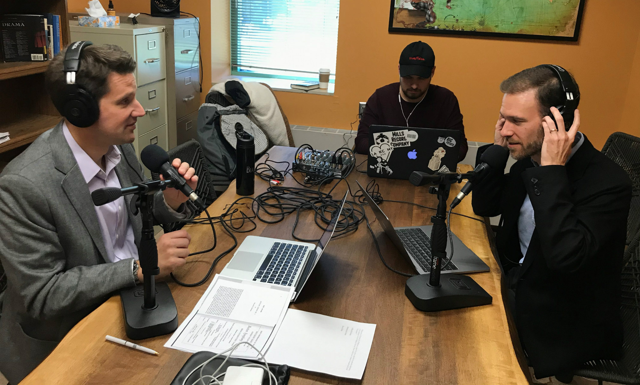 David Thurmaier, Andrew Granade and Tristan Harris record “Hearing the Pulitzers" podcast.