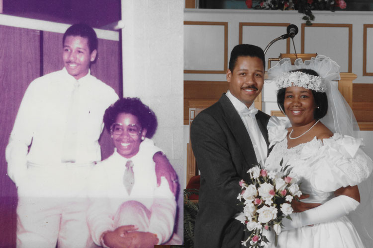 two photos of the cutlers: one of them during college in Atlanta, Georgia, and another on their wedding day