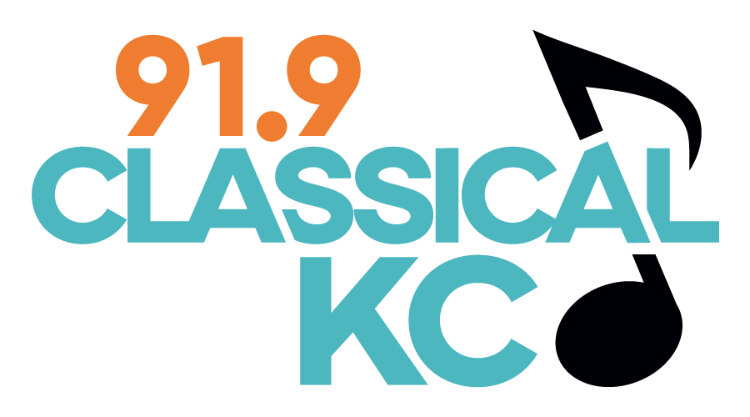 A turquoise and orange logo of Classical KC