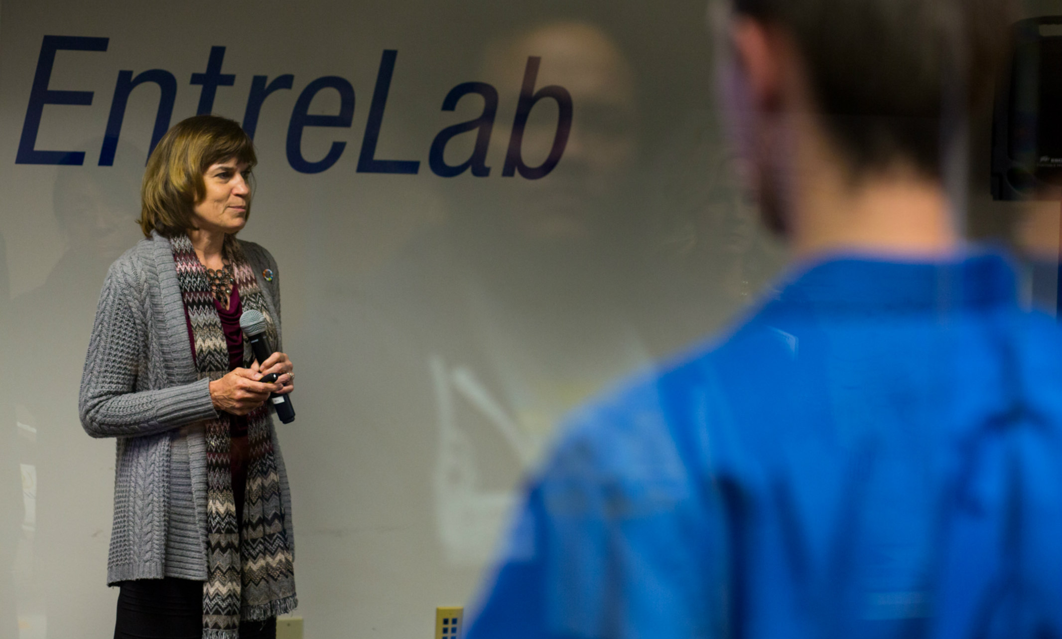 Maria Meyers, executive director of the UMKC Innovation Center, talks at an event.