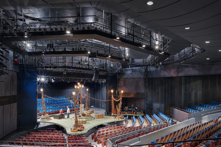 Interior of the Spencer Theater- detailing the catwalks above the stage and auditorium seating