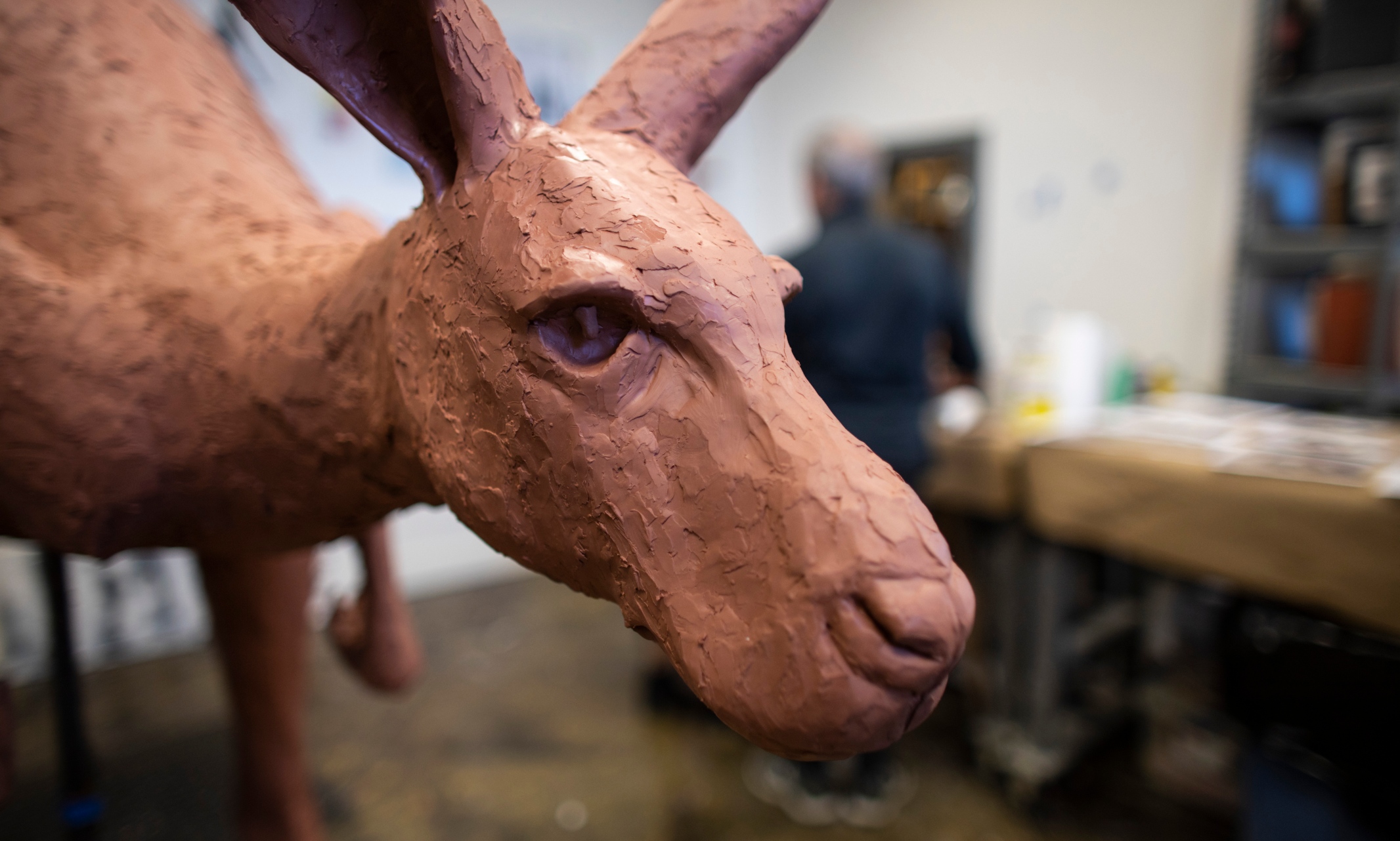 Close-up of the clay sculpture of the new Roo statue in the artist's studio