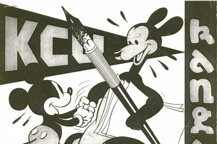 black and white illustration by Walt Disney of Mickey Mouse shaking the Roo's hand