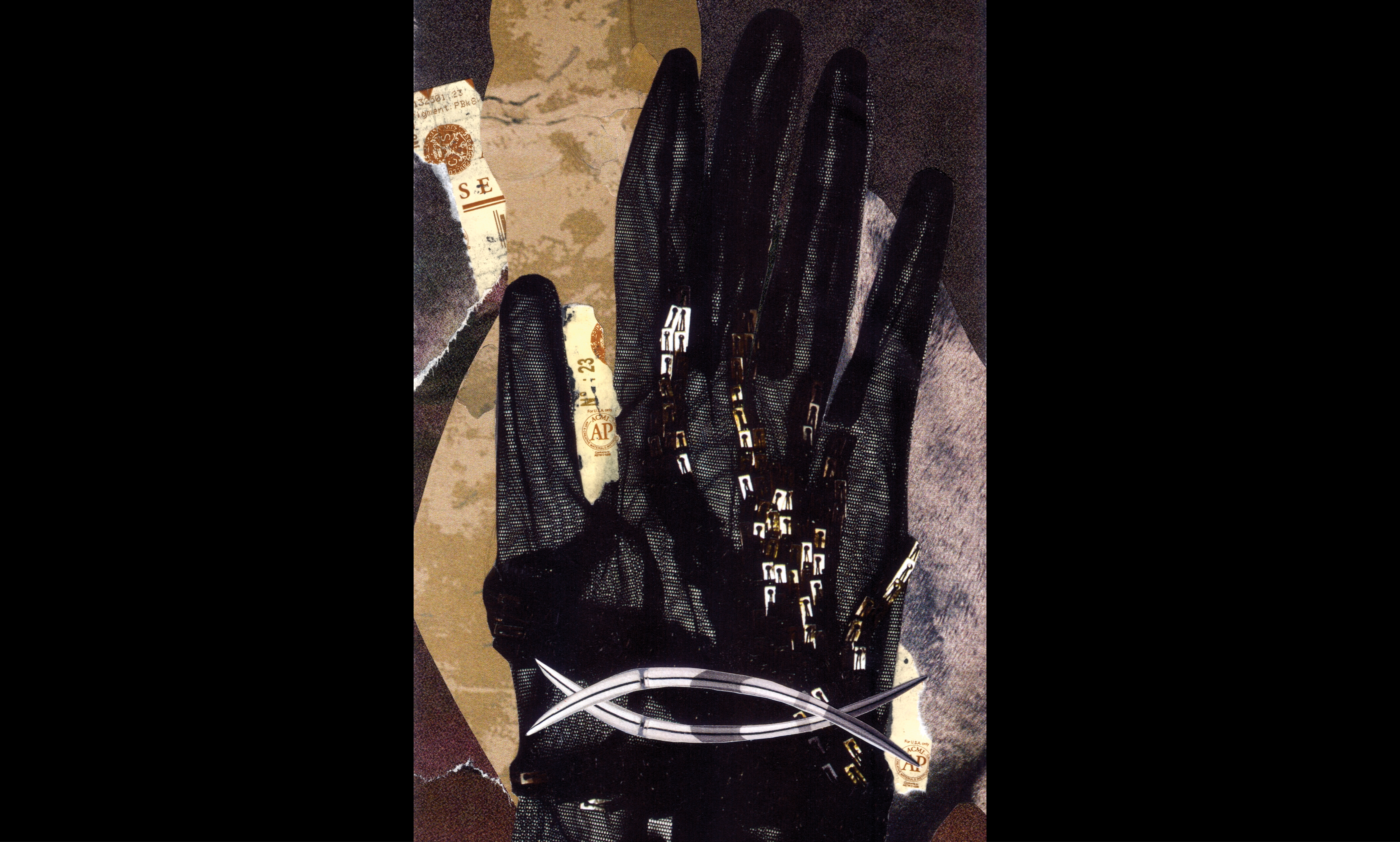 Abstract art featuring a black glove and surgical items.