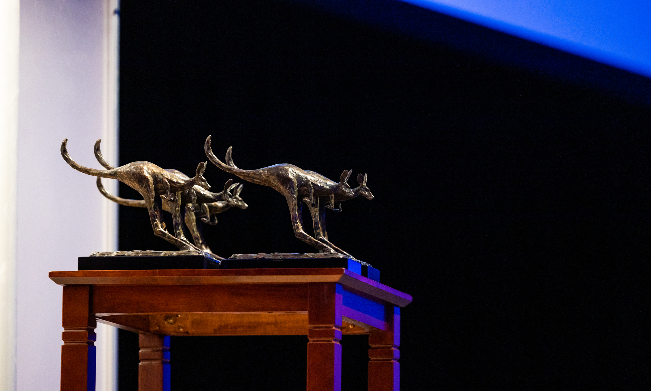 Alumni awards shaped like kangaroos are lined up on a table