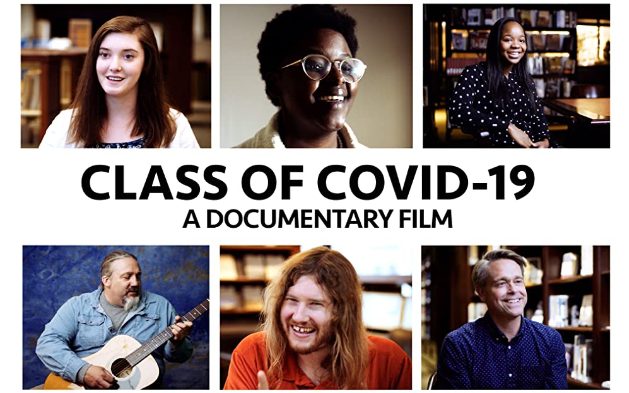 A title screen from the film shows six photos of people in the film with the title, "Class of COVID-19 a documentary film"