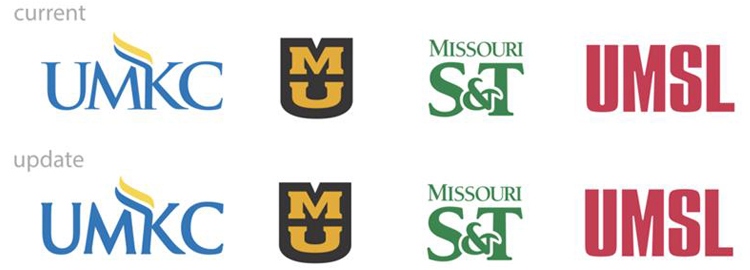 A comparison showing the old UMKC logo against the other three UM System university logos and the new UMKC logo against the three UM System logos