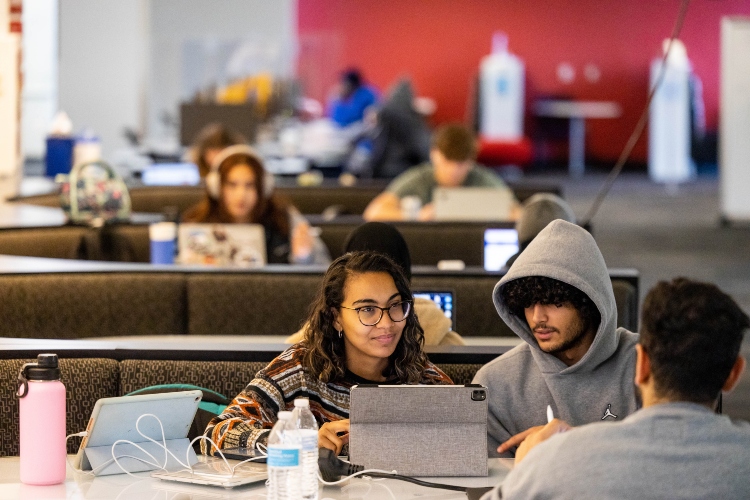 Two students look at a laptop at a table at Miller Nichols library