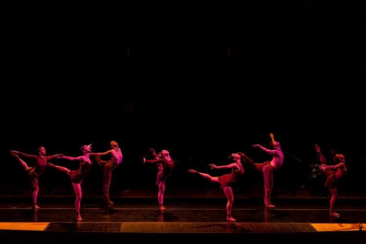 Seven dancers perform in a row, each with a leg lifted behind them. They are onstage with dramatic lighting.