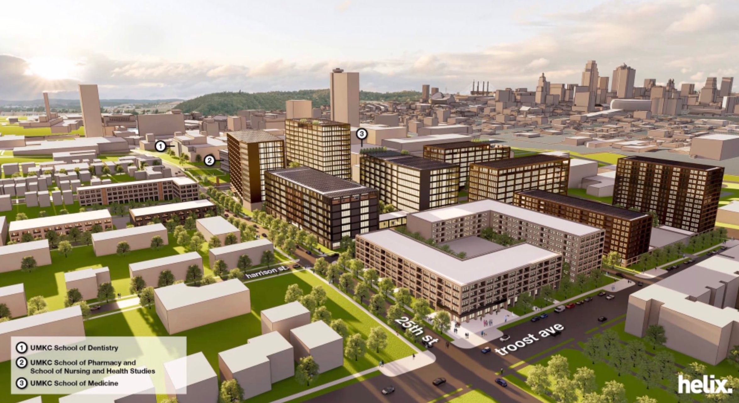 a rendering of the UMKC Health Sciences District with the new addition of the Health Innovation and Delivery Building