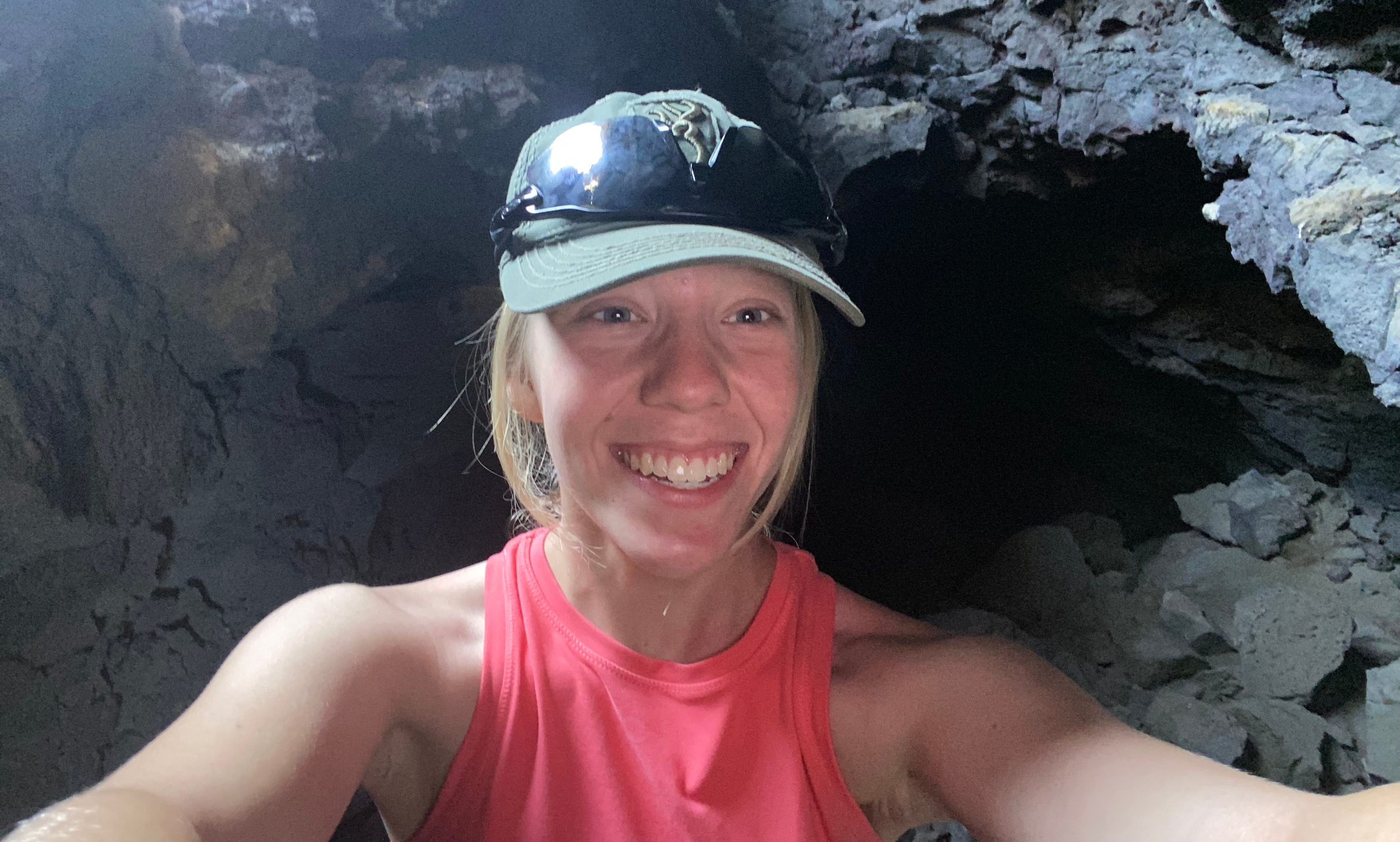 Mya Thomas selfie taken inside lava tube at Diamond Craters, Oregon