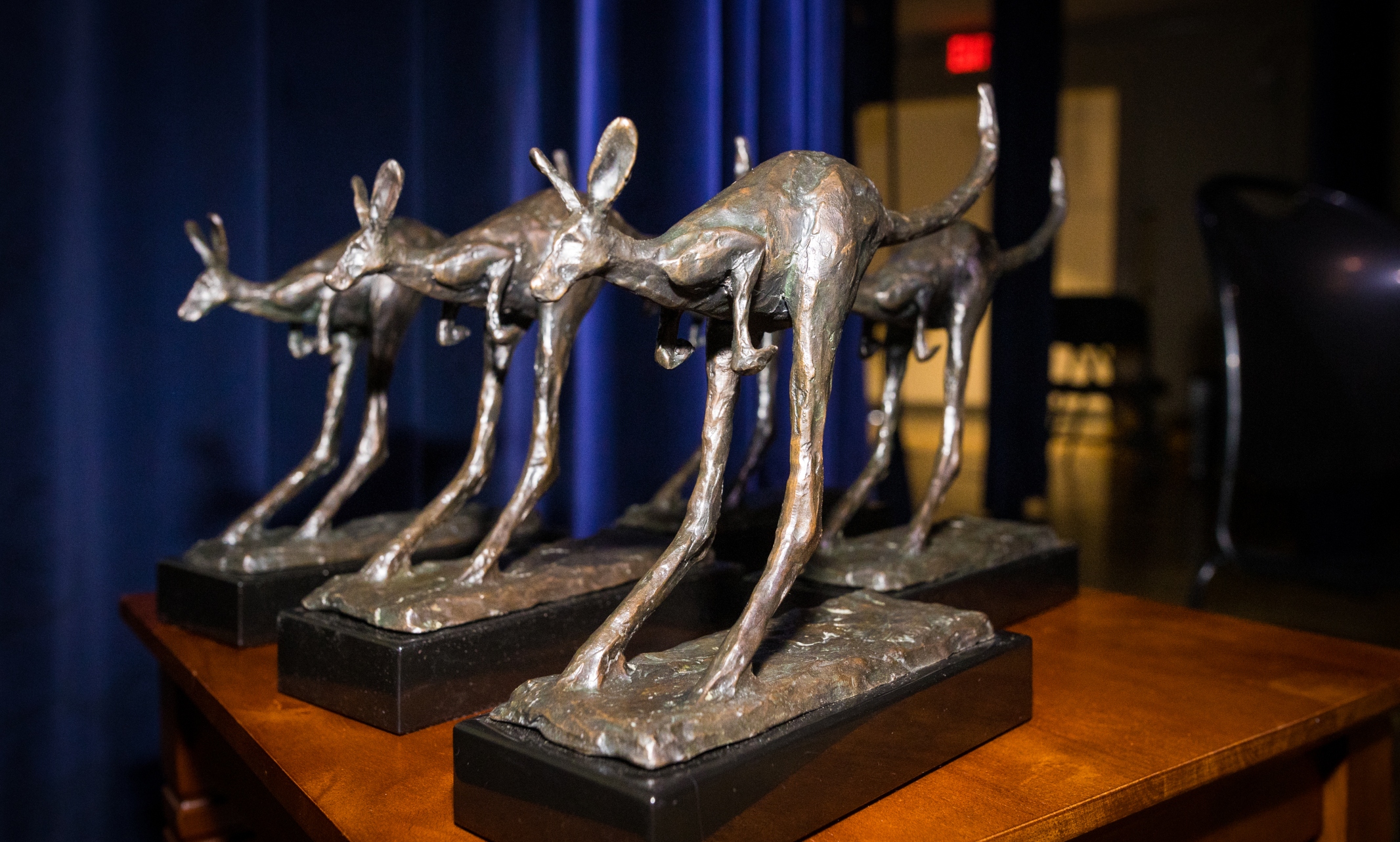 A row of roo statue trophies sit on a table