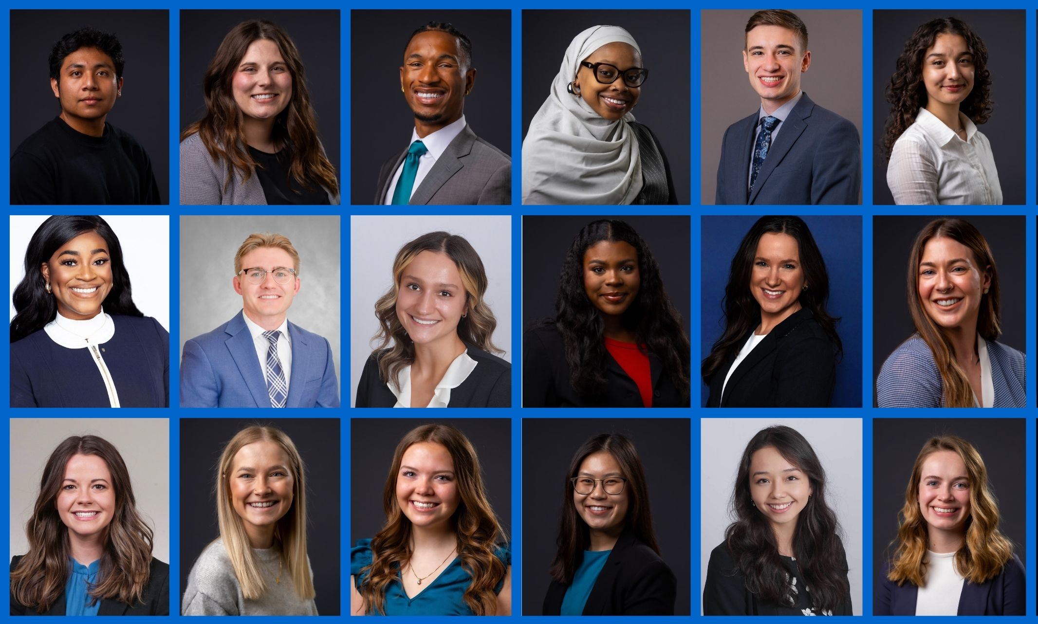 Eighteen headshots of student award recipients, with blue lines separating each photo