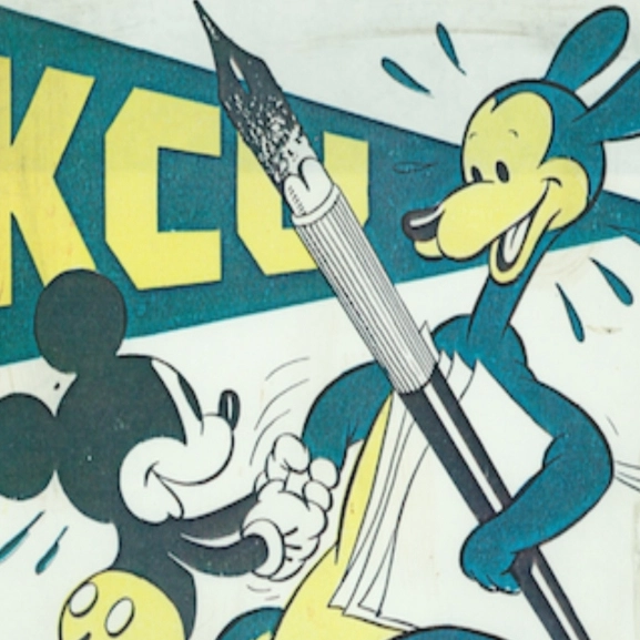A retro illustration of Mickey Mouse shaking hands with KC Roo  — two characters illustrated by Walt Disney.